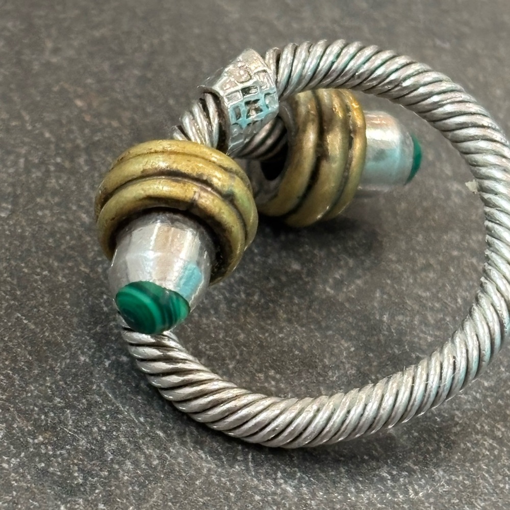 Mexican sterling silver and brass cable ring with greenstone at ends